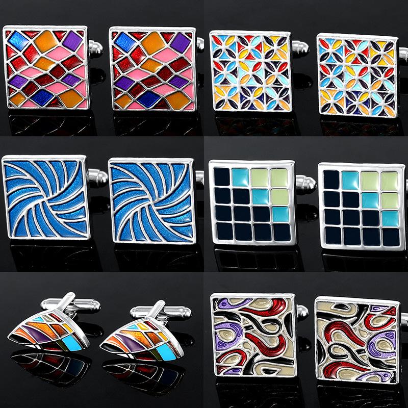 2024 Neues Design Bunte Emaille Quadratische Manschettenknöpfe Herrenhemd-Accessoires Modisch Kariert Bemalt Formeller Anzug Ärmelnägel Knopf