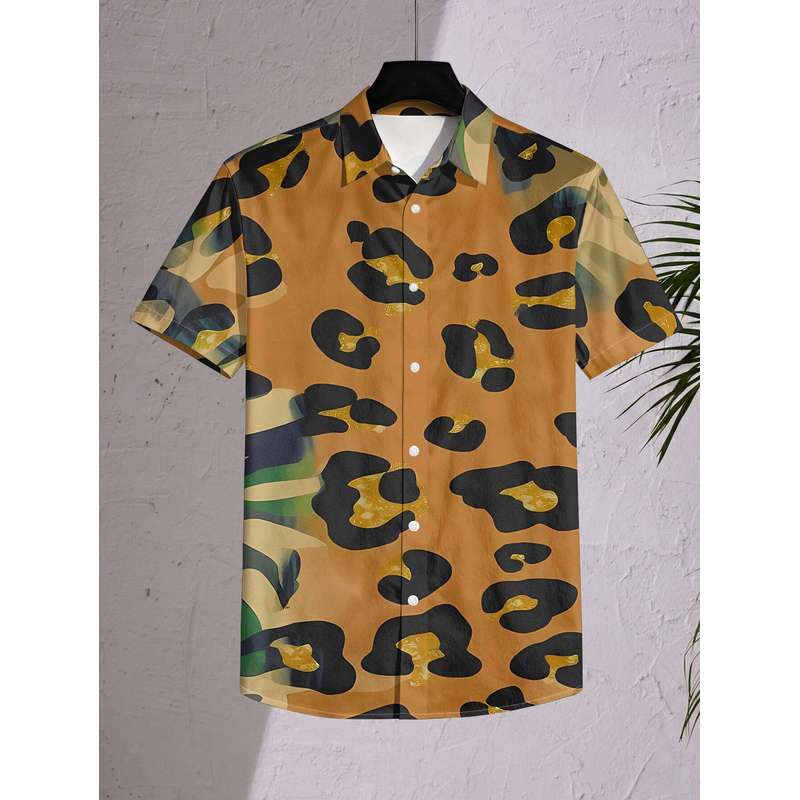 Women's Short Sleeve Button Down Shirt Leopard Camouflage Patchwork Printed Casual Commute Top Machine Washable