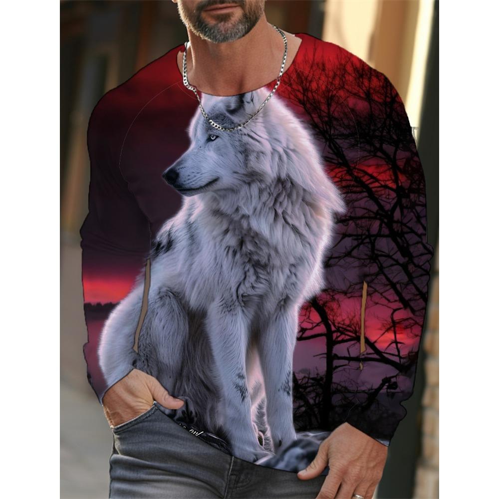 Long-sleeve 3D printed wolf pattern stylish T-shirt, men's street casual, round-neck trendy T-shirt