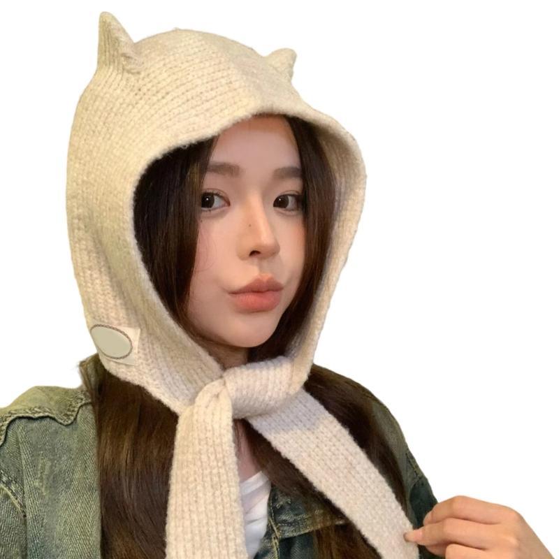 Lovely Devil Ear Knit Hat With Neck Wrap Breathable Pullover Hat For Women Daily Outfit and Outdoor Cycling Walking