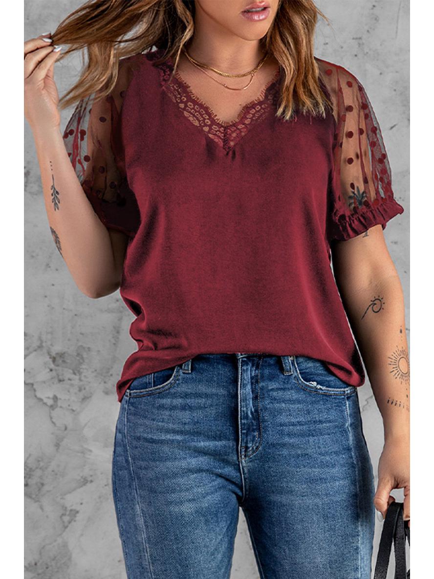 

Женский пуловер с кружевными короткими рукавами, V-образным вырезом, приталенного кроя, однотонный, 2022 XL вино красного