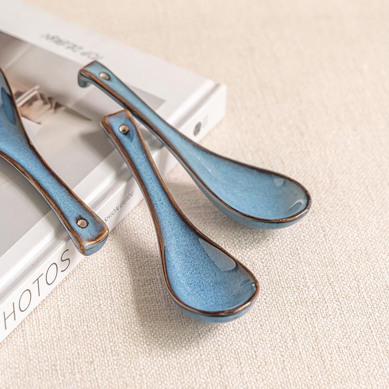 Creative Star Blue Ceramic Spoon Spoon Drinking Spoon Household Small Spoon Tableware Porridge Spoon Dessert Spoon Hotel Dining Spoon