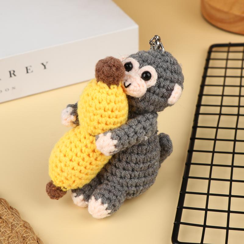 Cute Crochet Monkey Banana Keychain Handmade Knitted Animal Bag Charm Backpack Pendant Key Holder Lovely Gifts