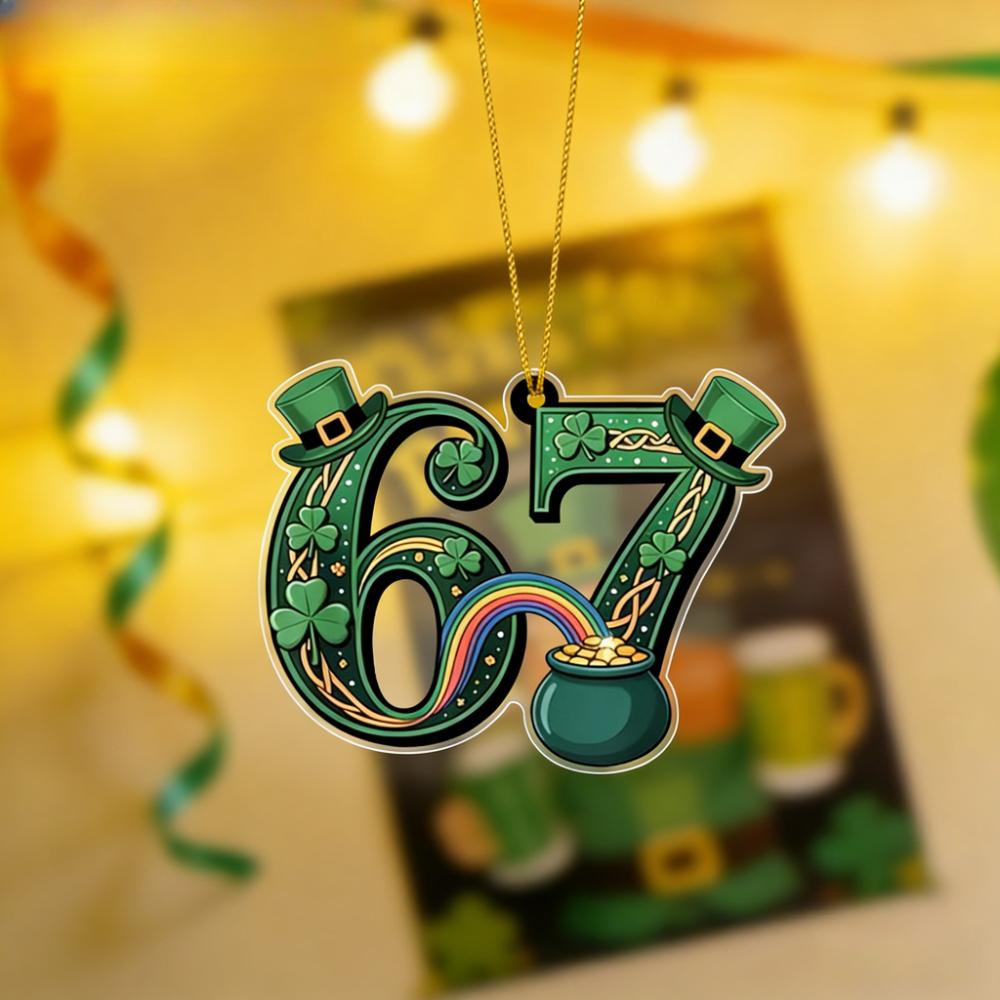  Lucky 67 Number Pendant - St. Day Acrylic Hanging Decor with Rainbow & Pot of Golden, Lucky for Irish, Spring Festival Gift Suitable For, Cafe, Bar