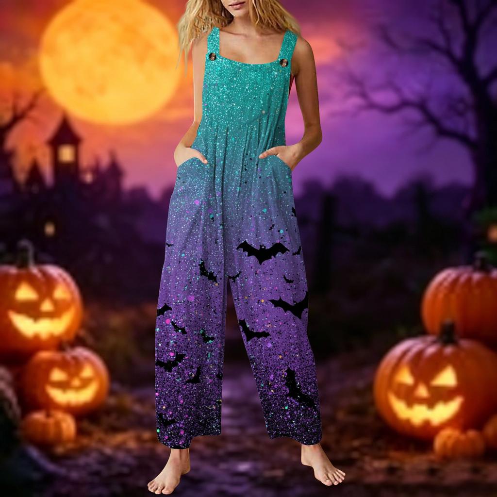 Women's Sleeveless Jumpsuit Cotton Halloween Ghost Print Casual Loose Fit Overall Pants with Pockets Adjustable Straps