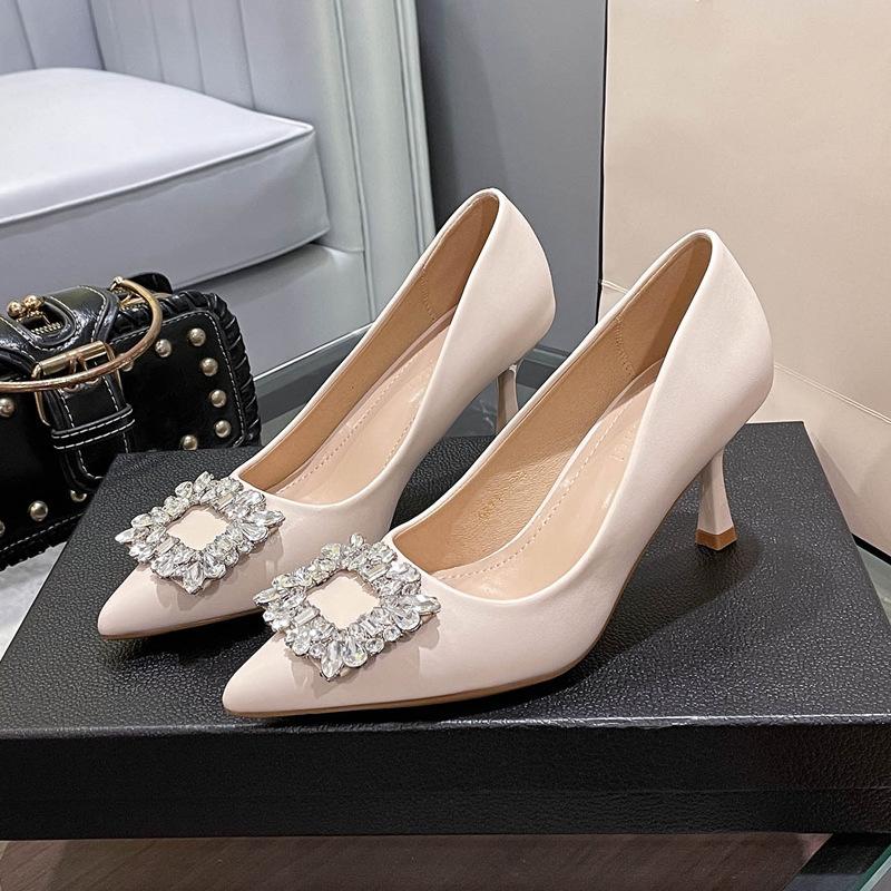 French pointed rhinestone high heels women's summer 2025 new stiletto large size small size black professional single shoes women