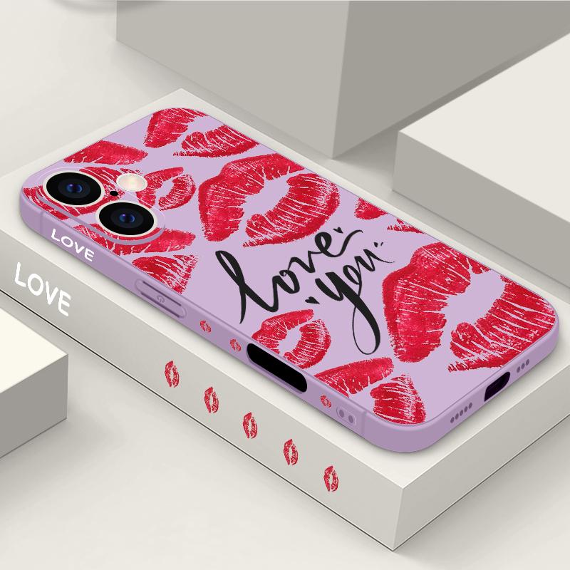 

М’який силіконовий тонкий чохол із принтом «Червоні губи» для iPhone 16 Pro Max 15 Pro 14 13 12 11 Захист об’єктива зі шнурком TPU Протиударний матовий чохол для телефону iPhone 8 Plus / 7 Plus світло-фіолетового кольору