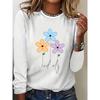 Spring and Autumn Round Neck 3D Flower Printed Top Casual Long Sleeved Women's T-shirts - Soft Medium Stretch Polyester Fabric Relaxed Fit Clothing