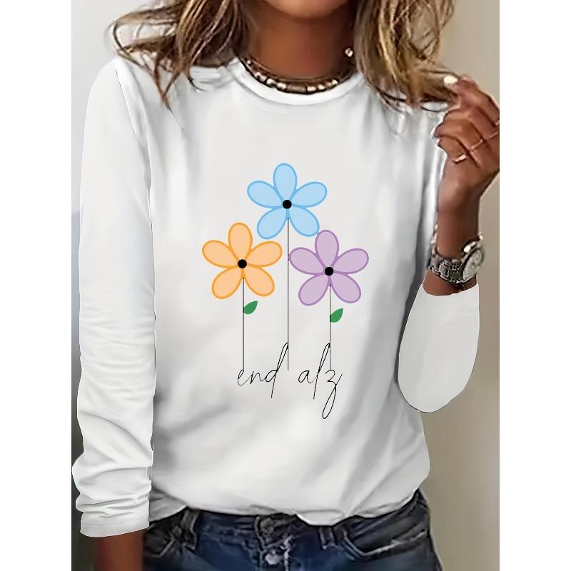 Spring and Autumn Round Neck 3D Flower Printed Top Casual Long Sleeved Women's T-shirts - Soft Medium Stretch Polyester Fabric Relaxed Fit Clothing