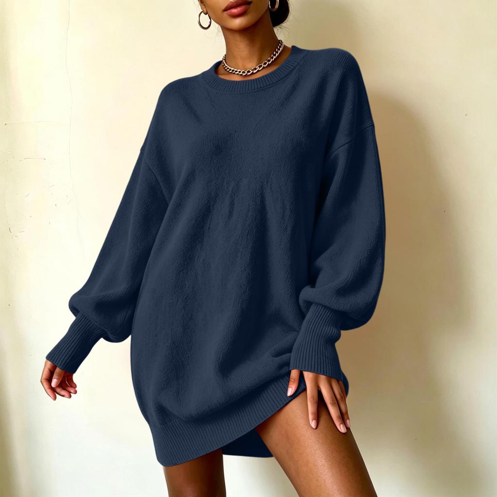 Women's Loose Fit Knit Midi Sweater Dress with Sleeves and Turn-Down Collar