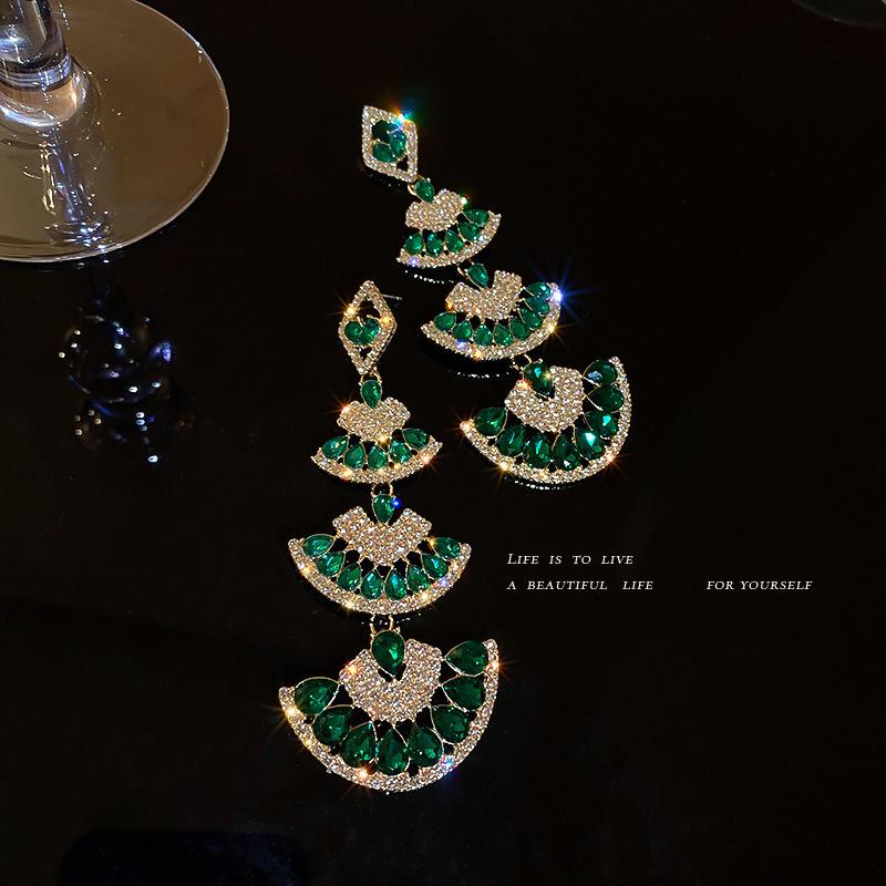 Silver Needle Diamond Fan Earrings Women's Long Exaggerated Earrings Ethnic Style Earrings Women