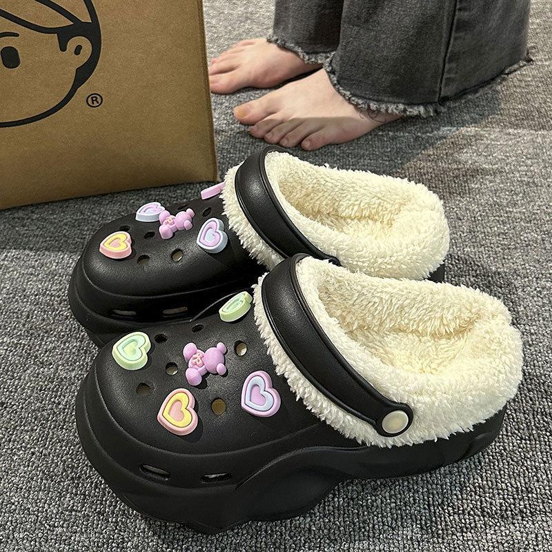 New velvet hole shoes women's winter non-slip outer wear cotton shoes heightened thick-soled home removable cotton slippers