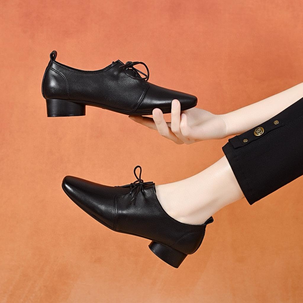 Square head women's spring new simple temperament lace-up small single shoes comfortable flat shoes women's small leather shoes