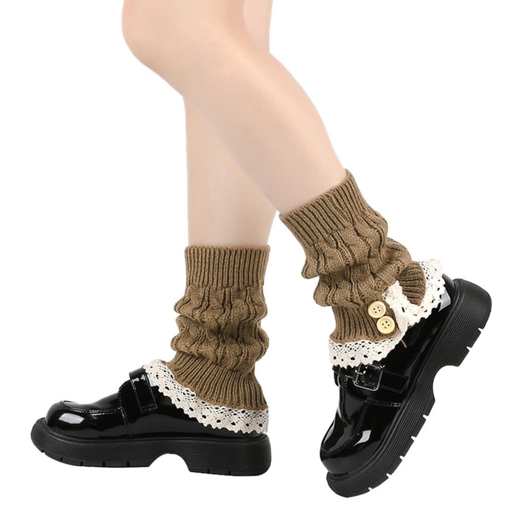 Women's Winter Loose Buttoned Leg Warmers With Lace Trim Knitted Wool Leg Warmers