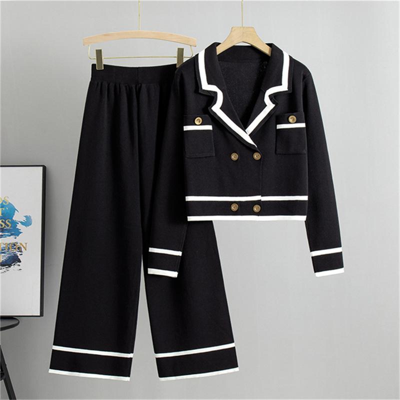 Autumn And Winter Knitted Wide Leg Pants Two Piece Suit Short Style Small Fragrance Fashionable Casual Suit For Women
