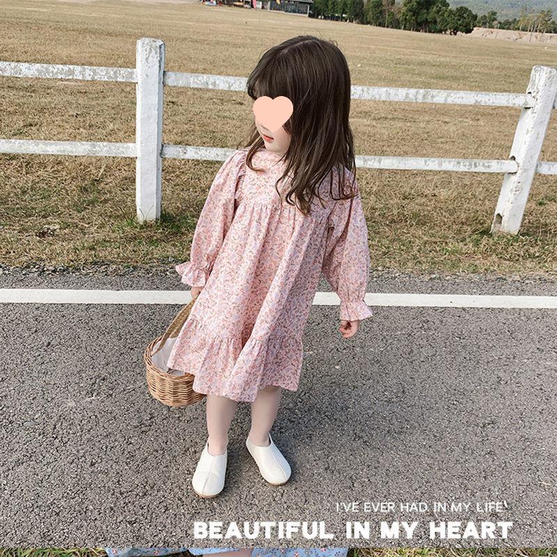 Girls' Floral Long-Sleeve Mid-Length Spring 2025 Princess Dress - Korean Pastoral Style