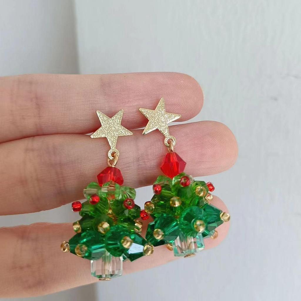 3D Christmas Tree Earrings with Red Bow - Heavy Beaded Crystal Ear Clips, Hand-Woven Holiday Accessories