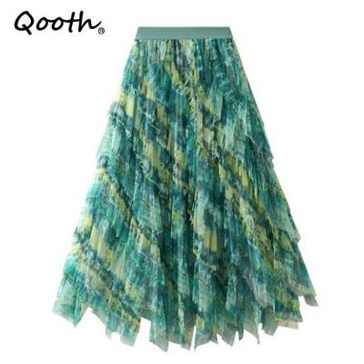 Colorful Pleated Irregular Mesh Half Skirt Mid-Length Rainbow Gauze Skirt Women Slim Skirt QT2614