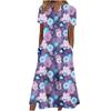 Women's V‑Neck Button Short Sleeve Midi Dress Loose Printed Casual Dress With Side Pockets