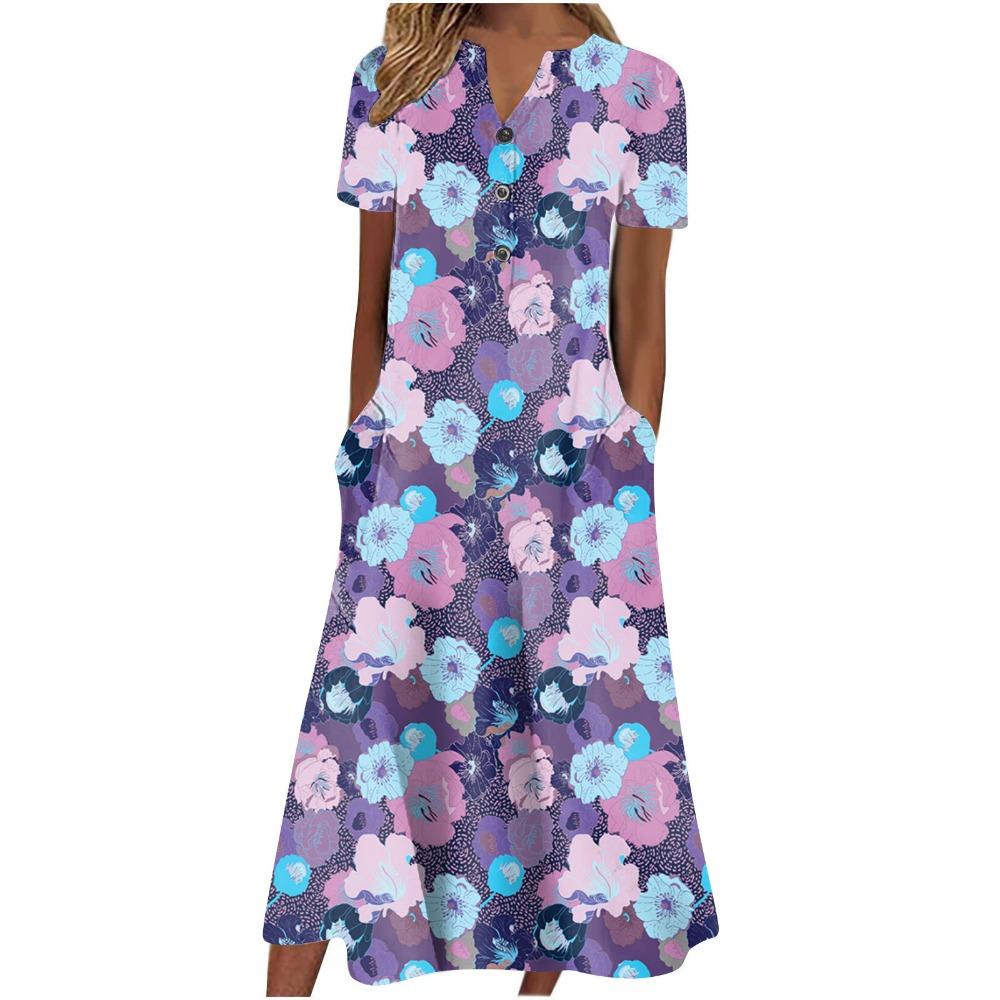 Women's V‑Neck Button Short Sleeve Midi Dress Loose Printed Casual Dress With Side Pockets