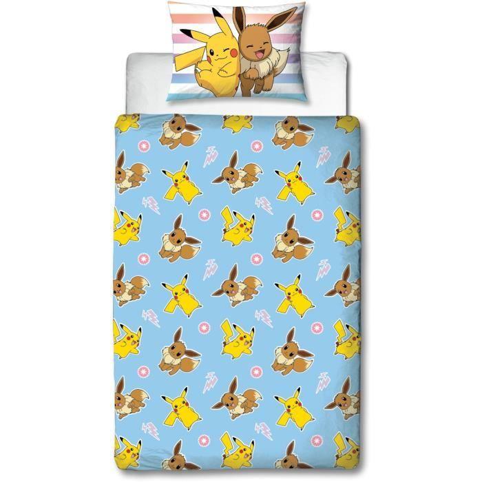 Parure De Lit Réversible - POKEMON - Pikachu Et Evoli - Microfibre - 1 Housse De Couette 140 X 200 Cm + 1 Taie 63 X 63 Cm