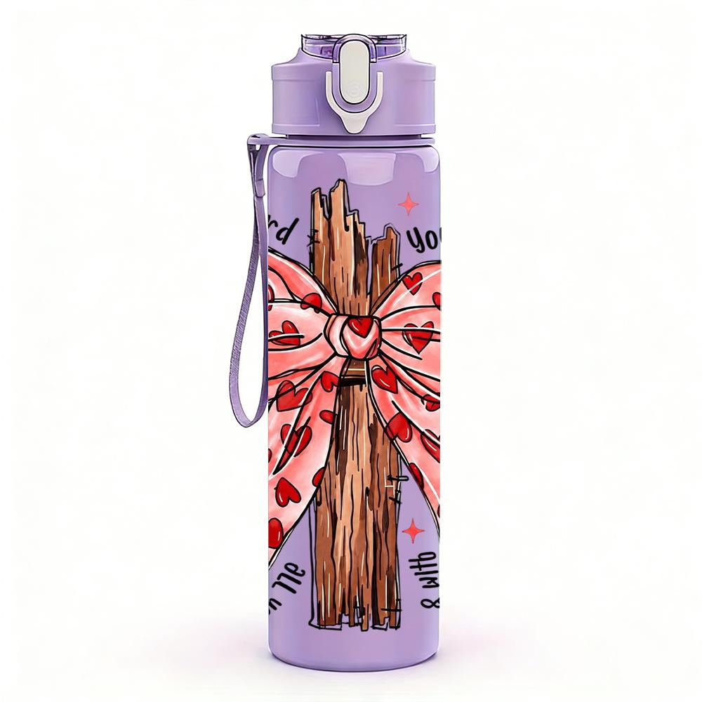 1PC Plaid Bow Wooden Cross Floral 750ml Color Plastic Sports Water Bottle Leakproof Flip Straw Lid Suitable for Sports Office Home Use