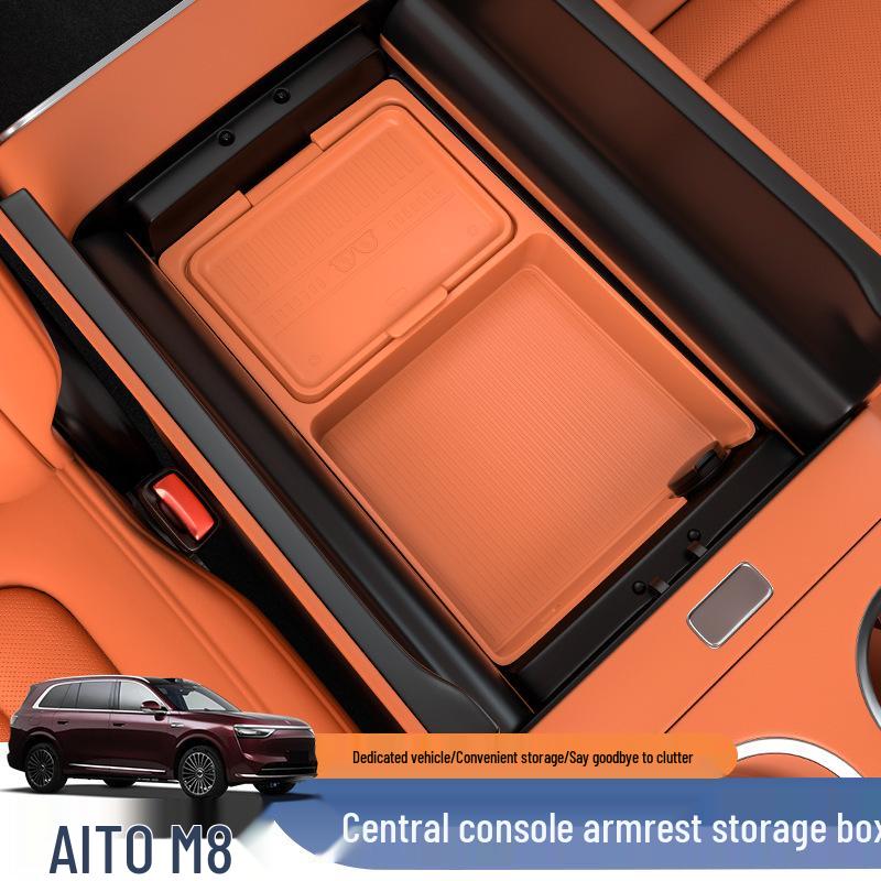 Compatible with 25 AITO M8 Models: Car Center Console Armrest Box & Lower Storage Accessories Red Tea Orange
