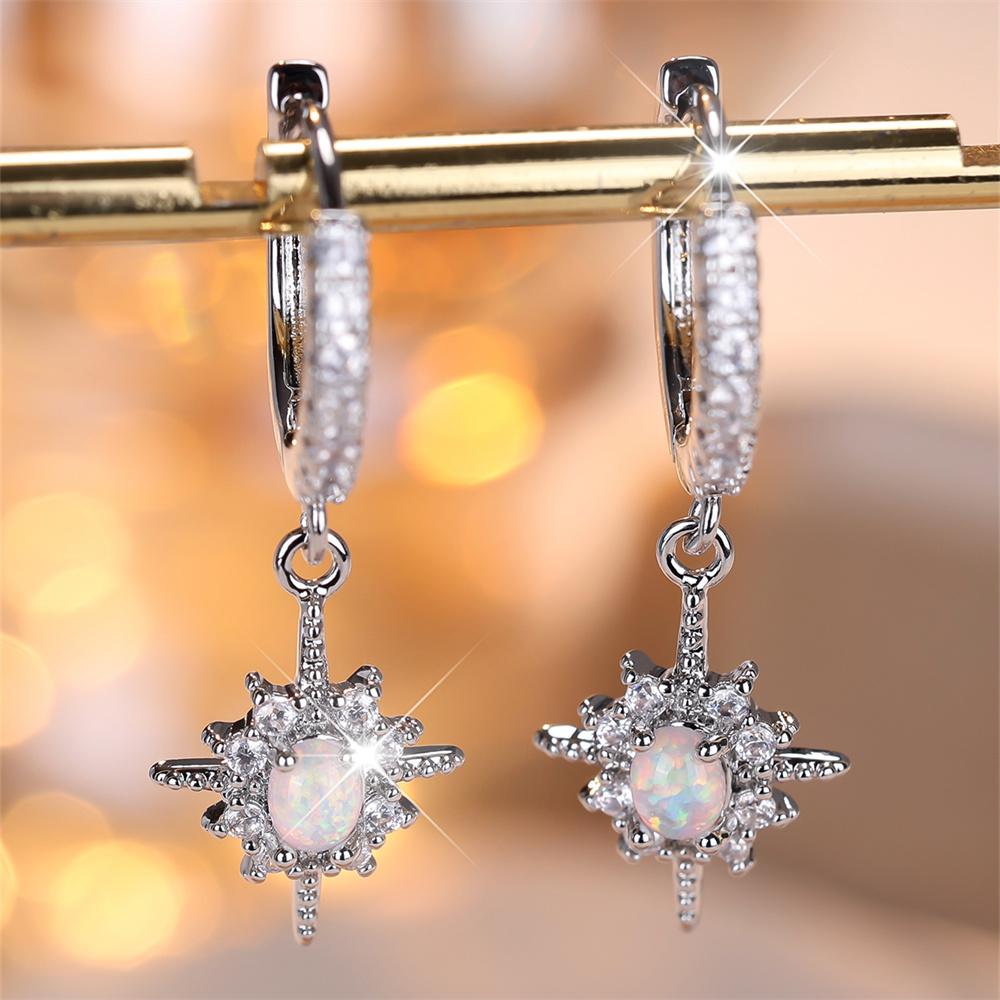 

White Opal Oval Stone Stars Flower Pendant Hoop Earrings For Women Vintage Silver Color Wedding Jewelry срібні білого кольору