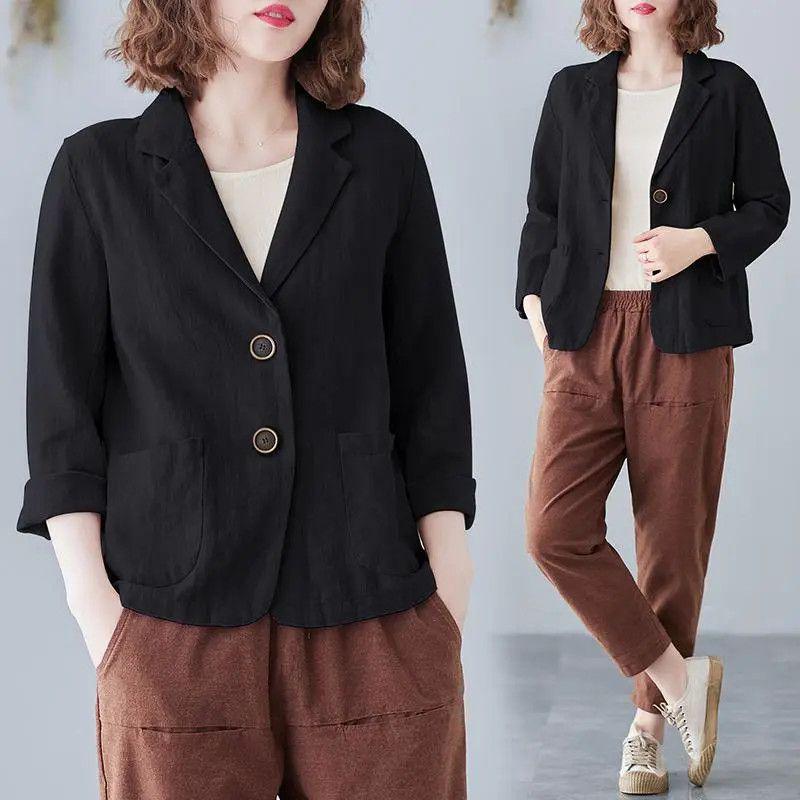 Women's 2024 Spring/Autumn Cotton-Linen Loose Casual Blazer - Plus Size, Long Sleeve, Short Jacket