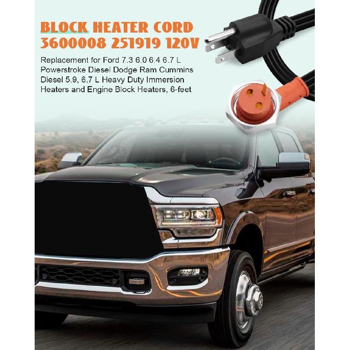 251919 Engine Block Heater Cord Fit For Dodge Ram Cumm 5.9 6.7L Diesel, For Ford 6.0 6.4 6.7 7.3 L Diesel, Heavy Duty Immersion Heater Plug, 120V