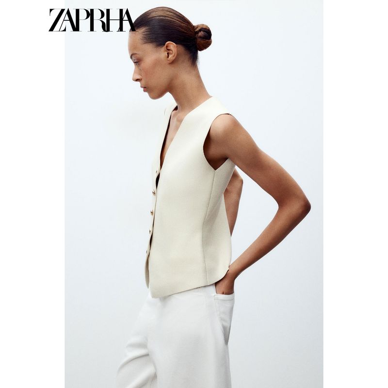 Zaprha 2025 Summer New Simple and Versatile Plain Stitch V-neck Sleeveless Vest-Style Top Vest 4192003