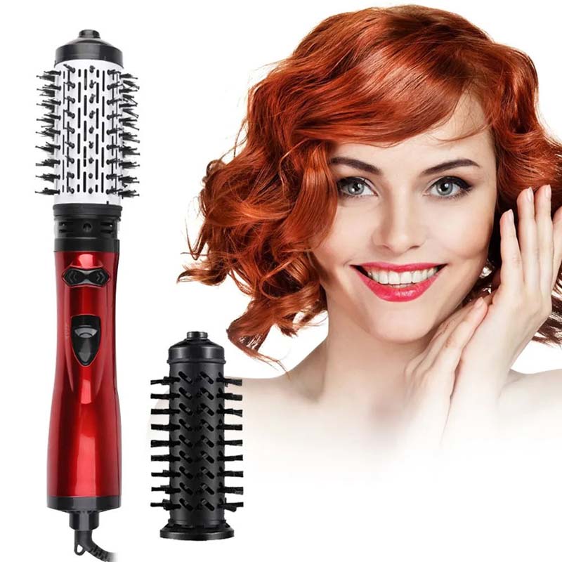 Rotating Hair Dryer Brush Electric Blow Drier Comb Hot Air Straightener Curler Iron One Step 2 Gears Blower Replaceable 2 Heads