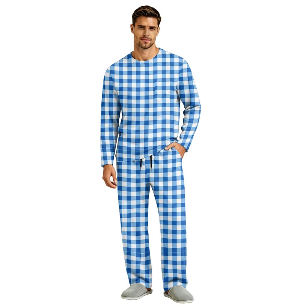 Men's Pajama Set Long Sleeve Top and Long Pants with Button Crotch and Elastic Drawstring Waist for Home Loungewear