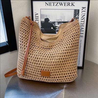 Going Out To The Beach For Vacation, Beach Shoulder Bag, Women'S Hollow Woven Commuter Large-Capacity Bucket Bag