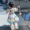 Children's Dress Summer Girls' Dress Cute Graffiti Kids Dress Square Collar Puff Sleeves Backless Dress