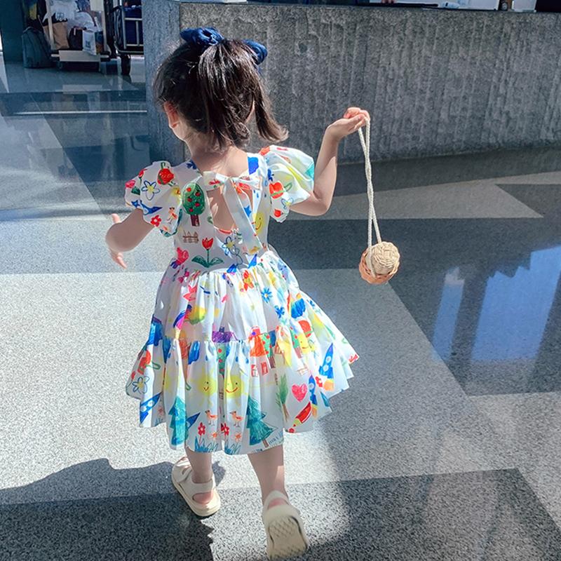 Children's Dress Summer Girls' Dress Cute Graffiti Kids Dress Square Collar Puff Sleeves Backless Dress