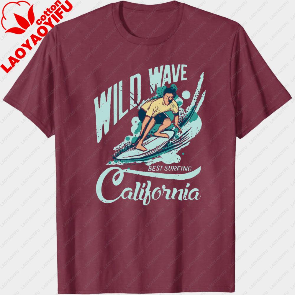 Wild Wave Best Surfing California Graphic T Shirt Unisex Cotton Short Sleeve Retro Arc Font Surfer Meme Casual Daily Outfit