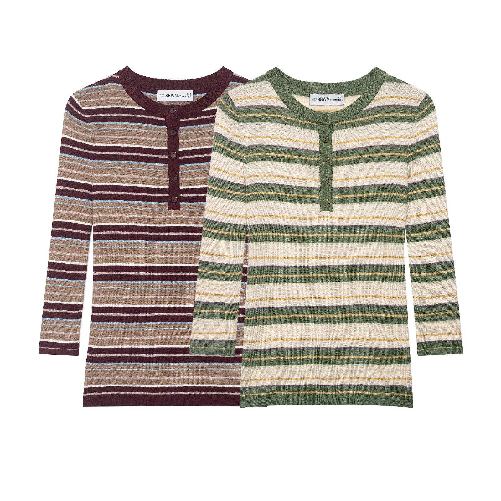 European Fashion Color-Blocked Stripe Round Neck Knit Cardigan Medium
