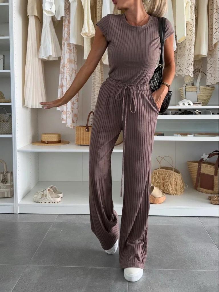 2025 European & American Casual Knitted Set: Short-Sleeve Top & Wide-Leg Pants