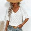 Summer Women's New Style Knitted Embroidered Hollow Ruffled V-neck Short-sleeved T-shirt Top