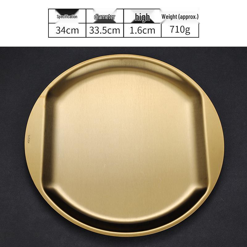 Korean Style Golden Round Plate - Shallow Plate for Snacks, Western Food, Steak, BBQ, and Desserts.