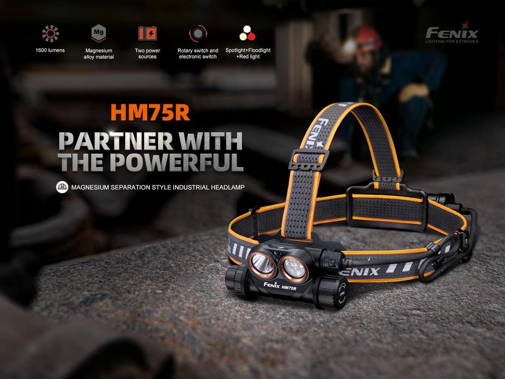 Fenix HM75R Headlamp with Extender Max 1600 IP68 Dustproof and White Red Light for Field Search and Hiking Pack, Lumens, USB-C Rechargeable,