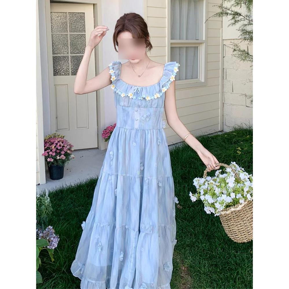 Summer seaside vacation long dress casual printing small flying sleeves suspender dress women's sweet and thin skirt