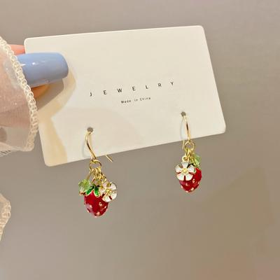 Sweet Strawberry Flower Drop Earrings for Women Girls Elegant Red Crystal Temperament Ear Hook Earrings Wedding Zircon Gifts