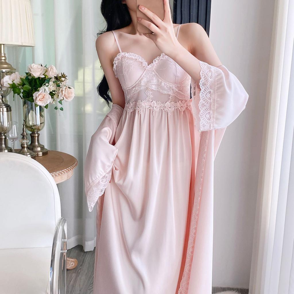 Spring and Summer Japanese Sweet Suspender Nightgown Women's Sexy Thin Suspender Ice Silk Nightdress Pure Desire Style Nightgown Long Sleeves
