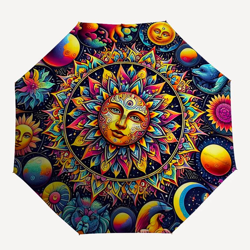1pc Automatic Folding Umbrella with Mandala Design - Portable Tri-Fold Design, 8-Bone Iron Frame Outdoor Umbrella, Perfect Festival Gift for Fans, Tra
