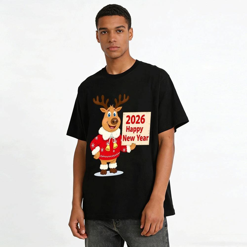 2026 Happy New Year Reindeer Print Casual Long Sleeve Festival Sweatshirt Pure cotton T-shirt
