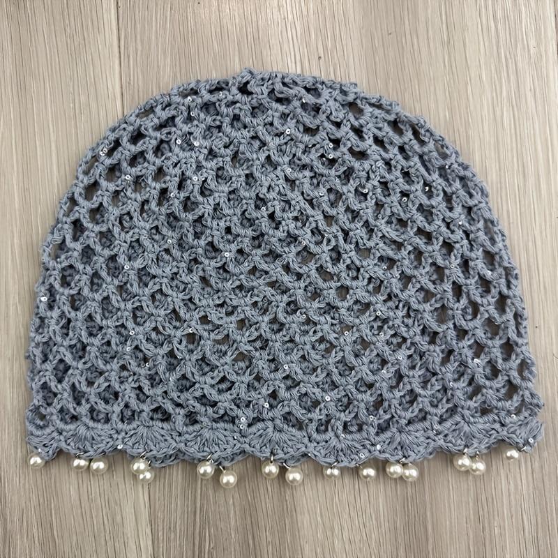 1Pc Sequined Pearl Hat, Handmade Knitted Hollow Thin Breathable Versatile Beanie Hat