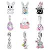 Copper Pink Love Rabbit Egg Series Pendant Easter Charms Fit Original Bracelet Charm Bead Necklace Diy Female Jewelry