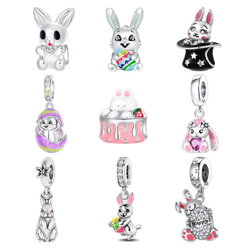 Copper Pink Love Rabbit Egg Series Pendant Easter Charms Fit Original Bracelet Charm Bead Necklace Diy Female Jewelry